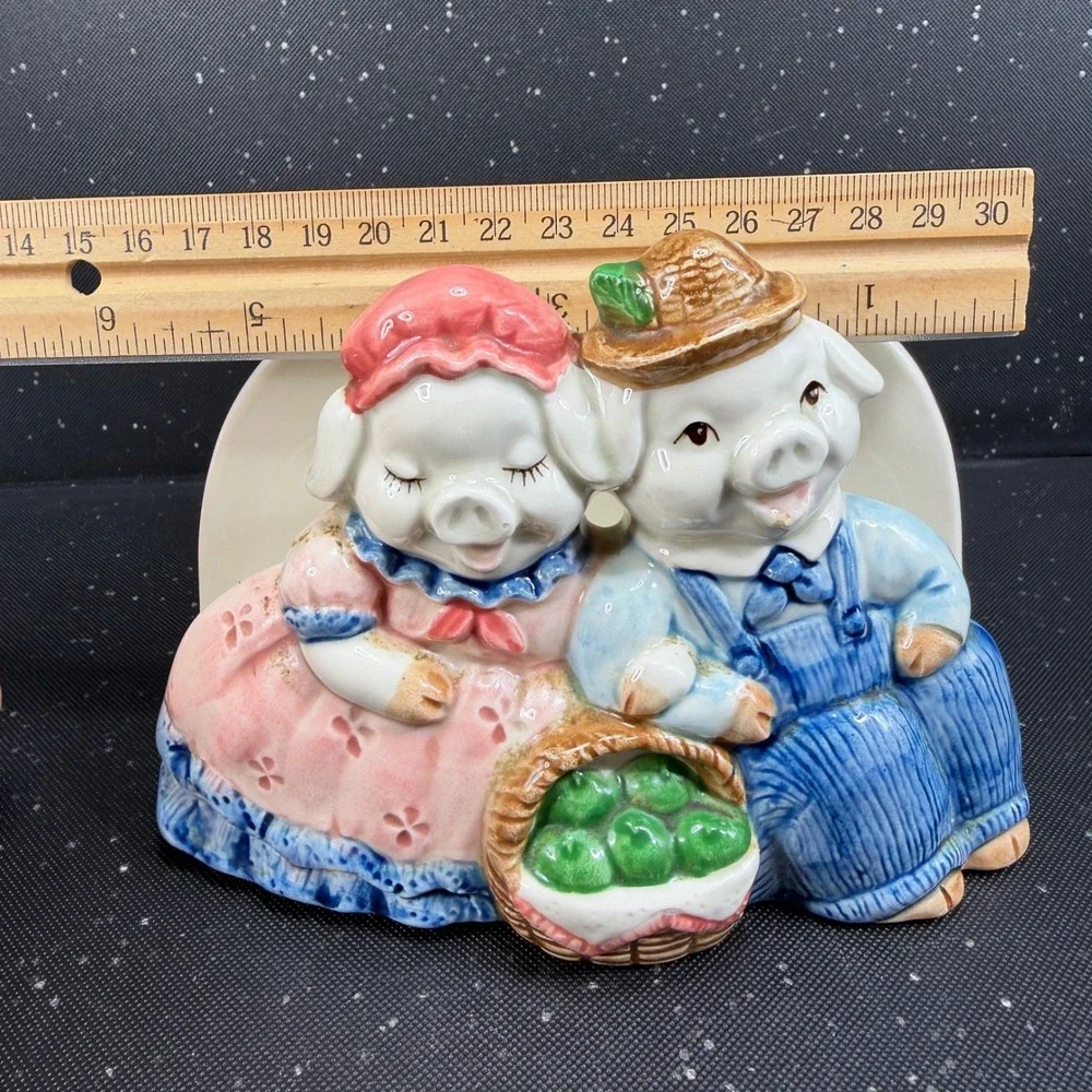 Vintage Otagiri Japan Ceramic Pig Couple Napkin Holder Hand Painted Farmhouse